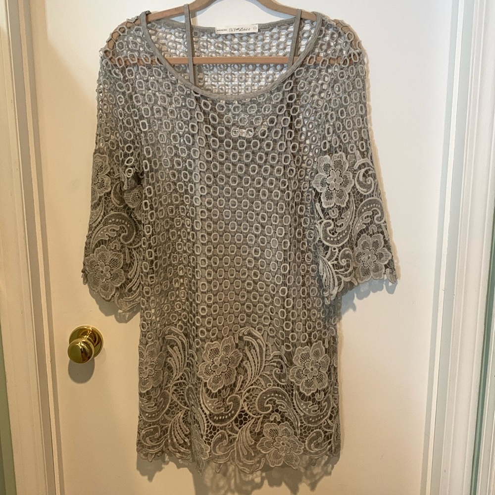 Spectacular Ivy & Lace gray lace dress with slip. Made in Italy. NWOT. US S.